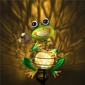Frog Solar Garden Light - Metal Stake Light with Crackle Glass Waterproof